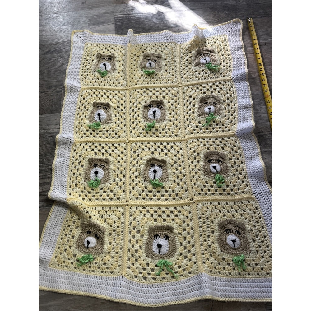 Granny Square Crocheted Sleepy Teddy Bear‎ Afghan Baby Blanket 35"x 43" Yellow